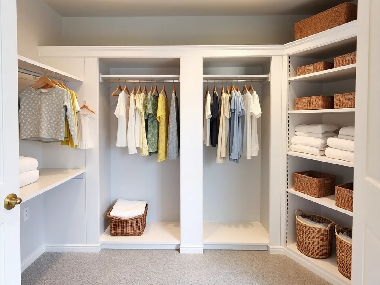 Mid-range nursery renovation with white closet organizer system, double rods and open shelving