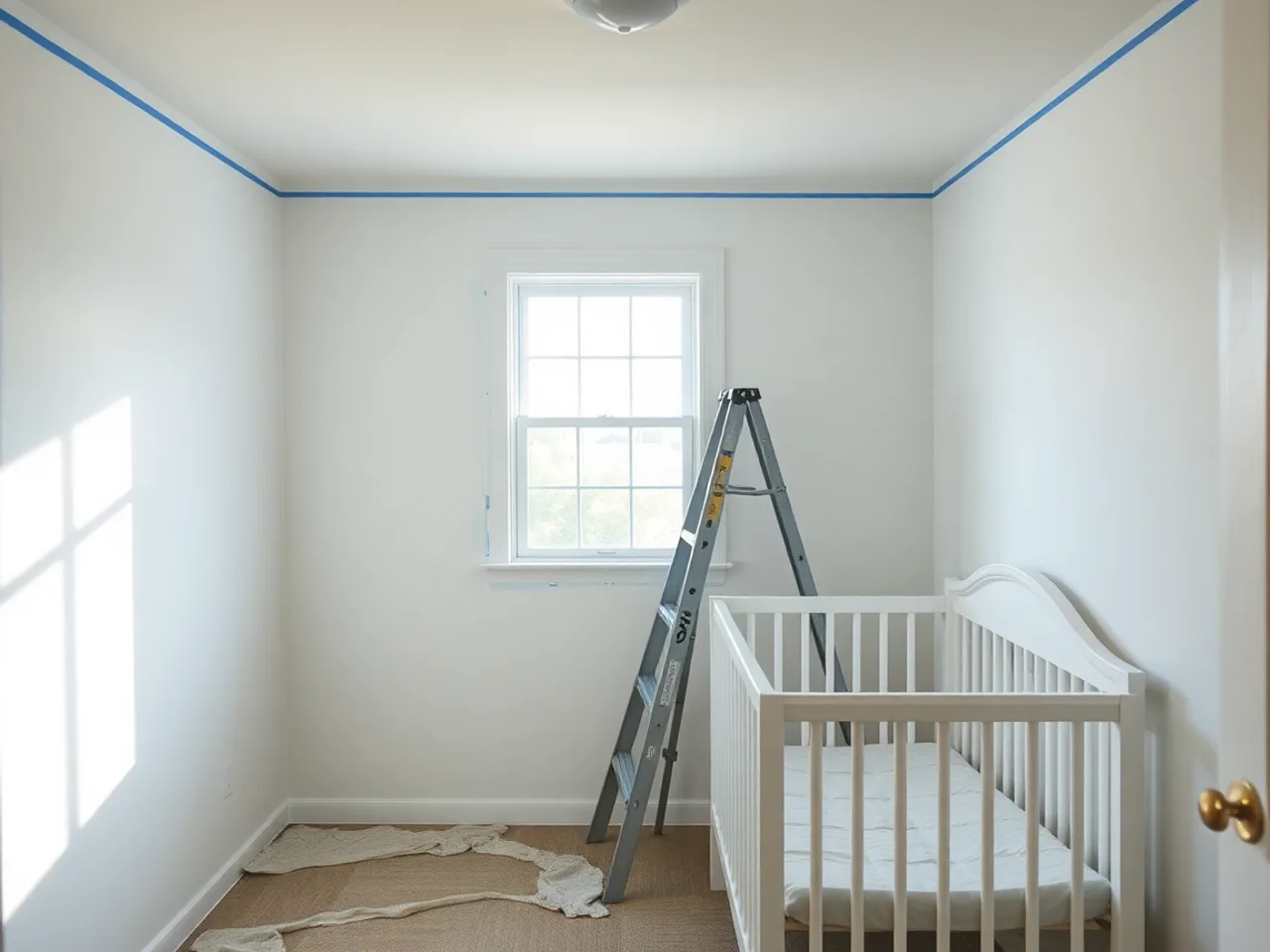 Small bedroom mid-conversion into a nursery, fresh paint, ladder and drop cloth by the window