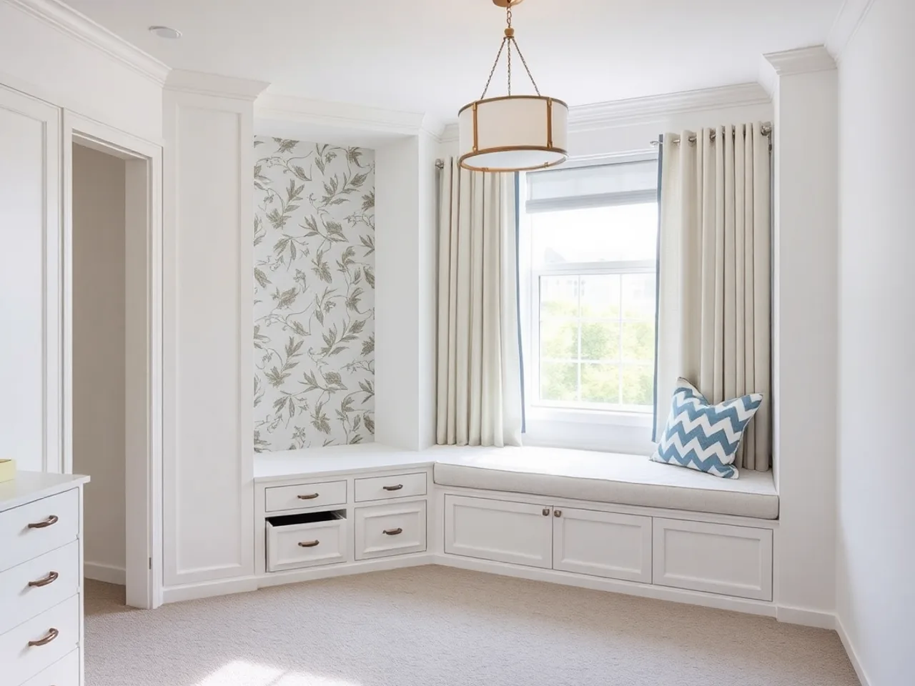 High-end nursery renovation with custom built-in window seat, storage cabinetry, and wallpaper accent wall