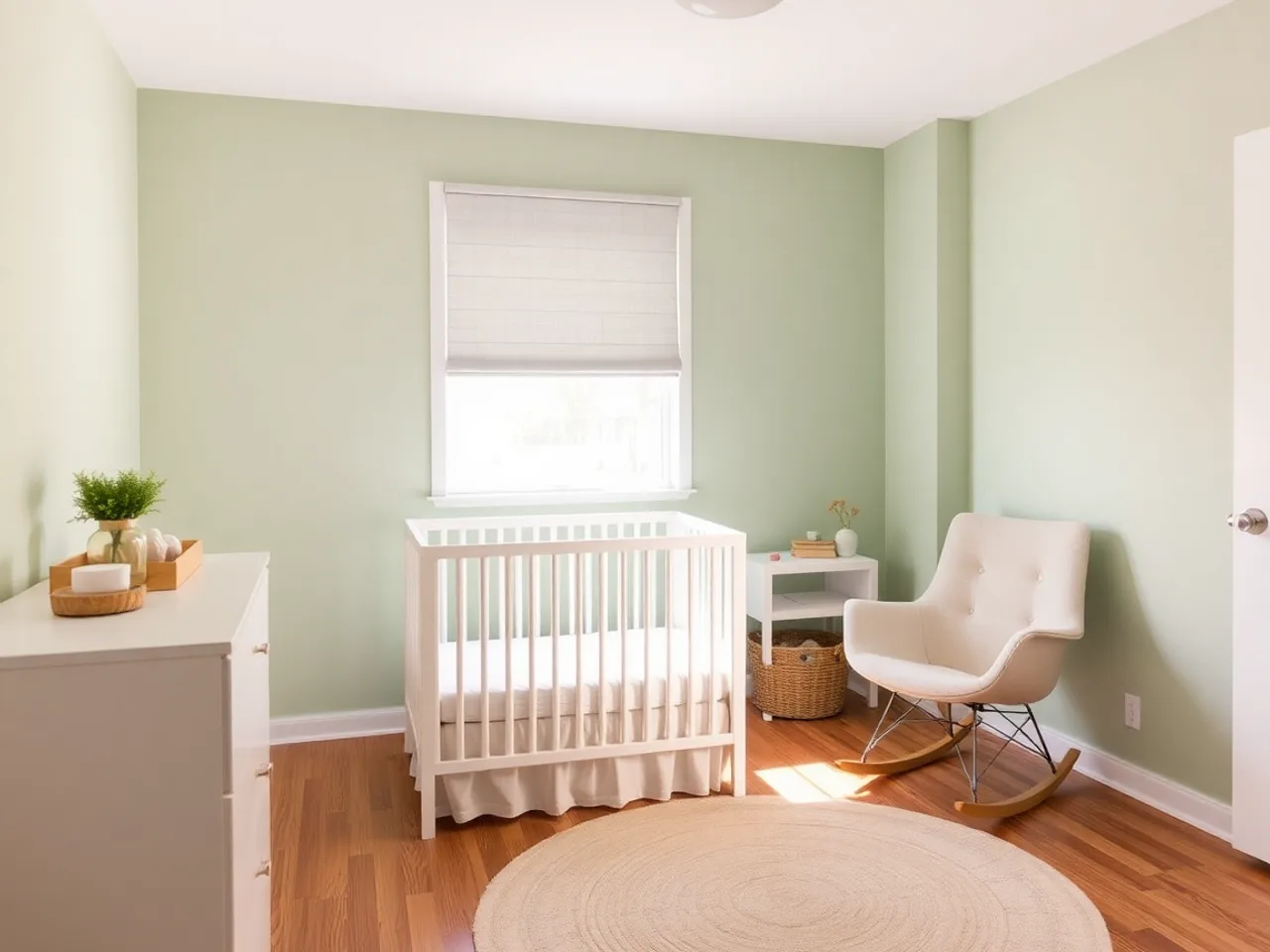 Freshly renovated budget nursery with sage green low-VOC paint, white crib, and blackout roller shades