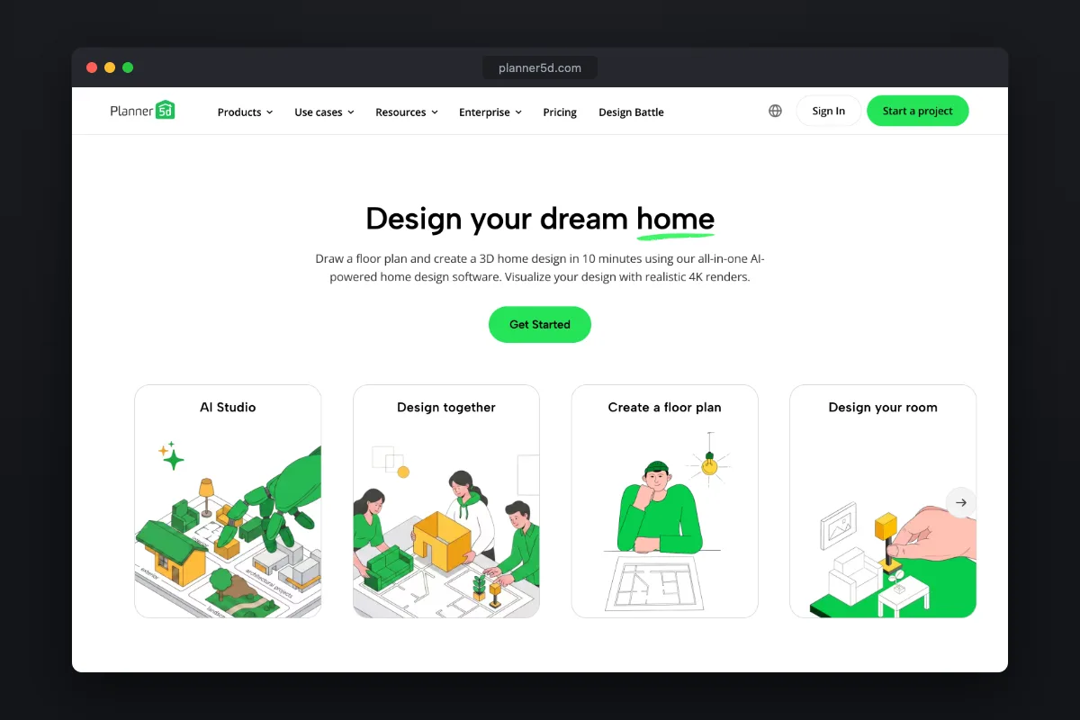 Planner 5D homepage: home design software with 2D and 3D planning and AI