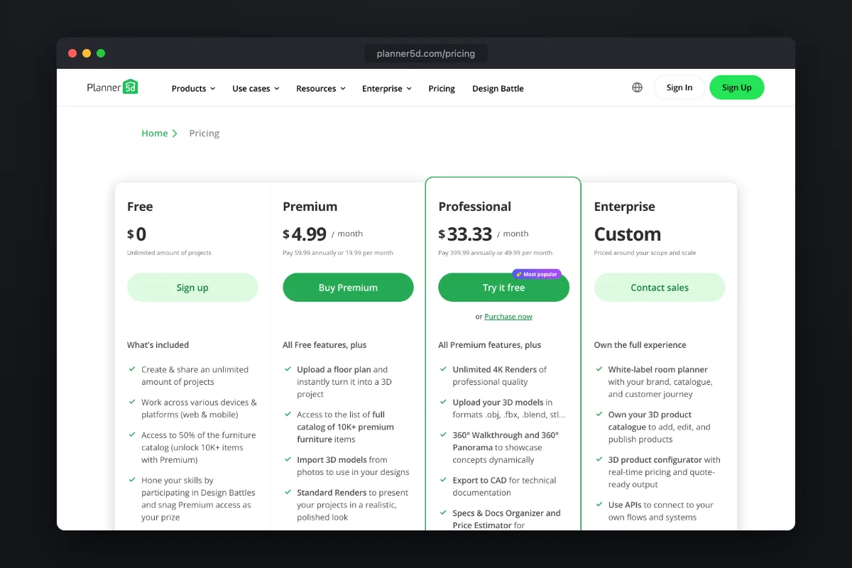 Planner 5D pricing: Free, Premium and Professional plans