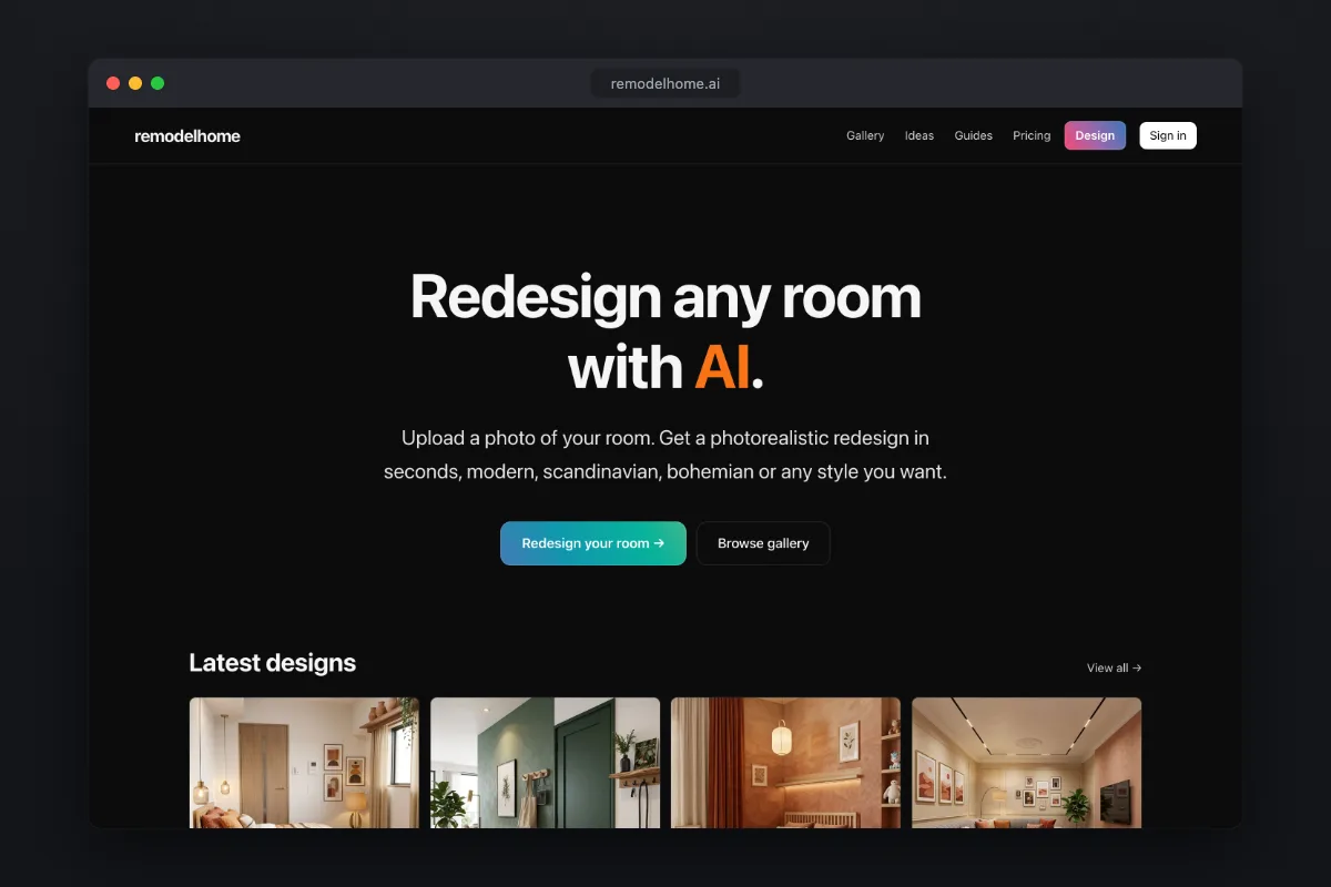 remodelhome homepage: upload a room photo and get a photorealistic redesign