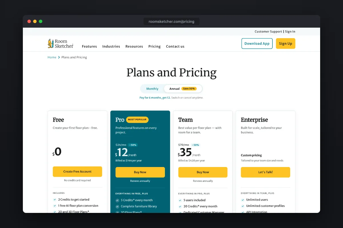 RoomSketcher pricing: Free, Pro and Team plans with credits for renders and AI features