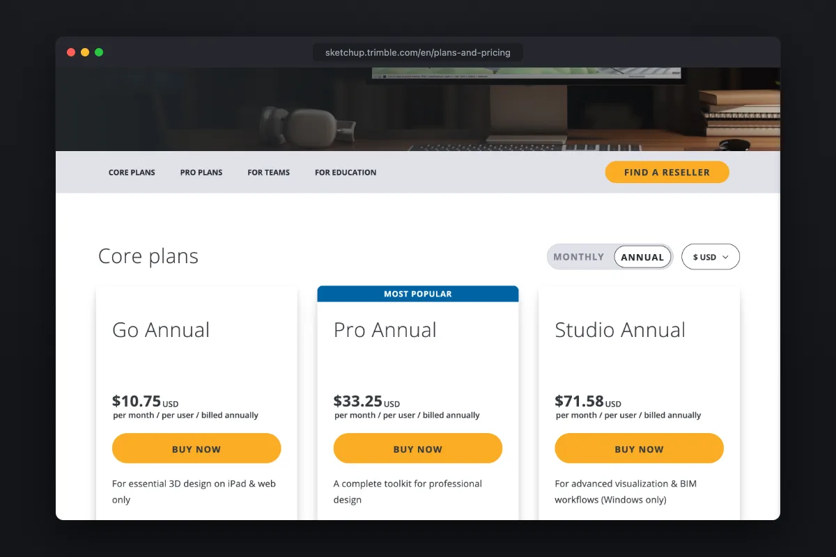 SketchUp plans and pricing: Go, Pro and Studio billed annually